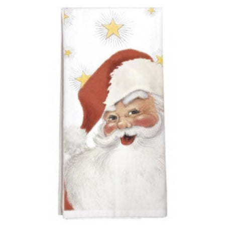 White towel with saint nick and yellow stars in the background.