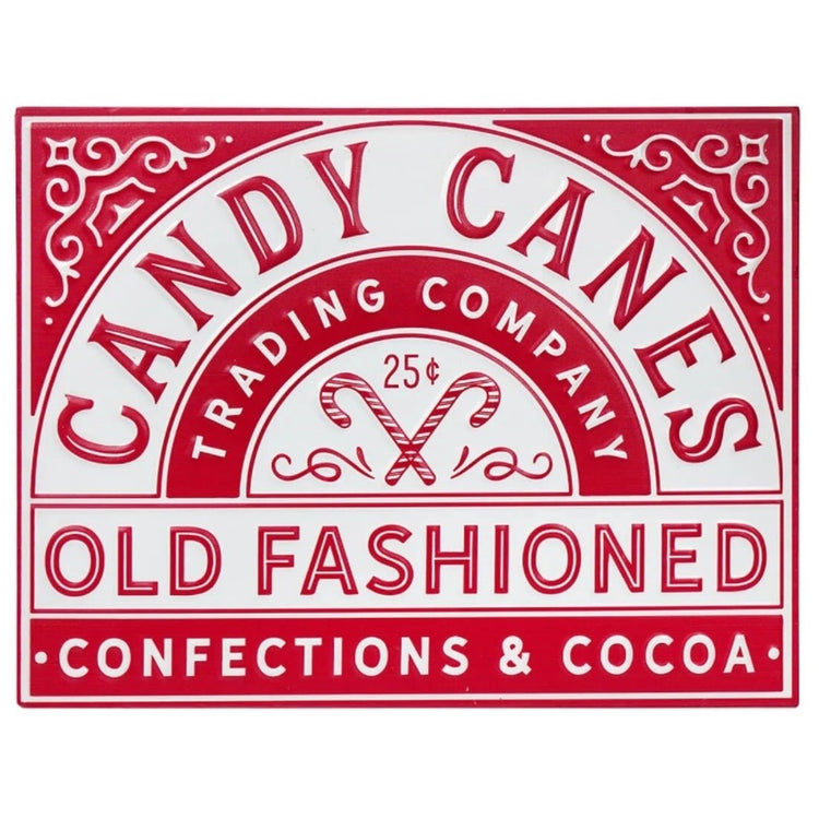 Red & white sign that says "Candy Cane Trading Company Old Fashioned Confections & Cocoa".