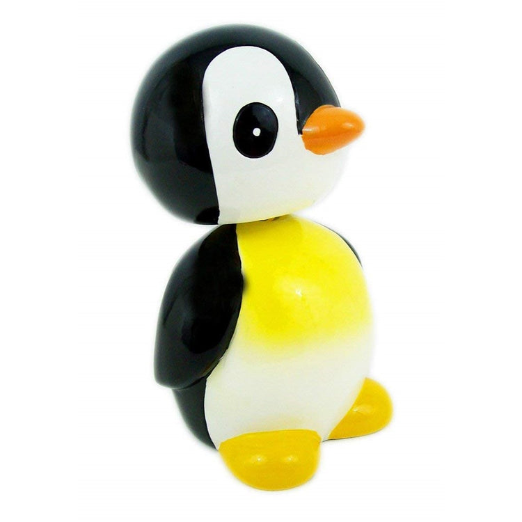 Bobble head emperor penguin shaped piggy bank with orange beak and yellow feet and chest.