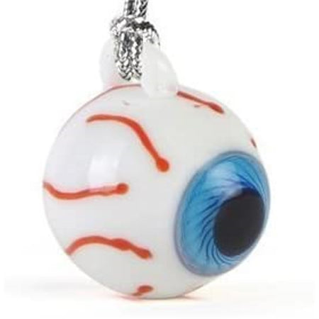 Eyeball hanging ornament with a blue iris & red veins.