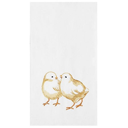 White flour sack kitchen towel with 2 embroidered yellow chicks.