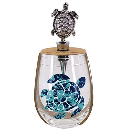 Clear stemless wine glass with blue turtle design & metal turtle stopper