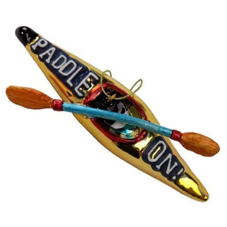 Canoe with paddles shaped Christmas ornament.  Text on canoe "PADDLE ON!".