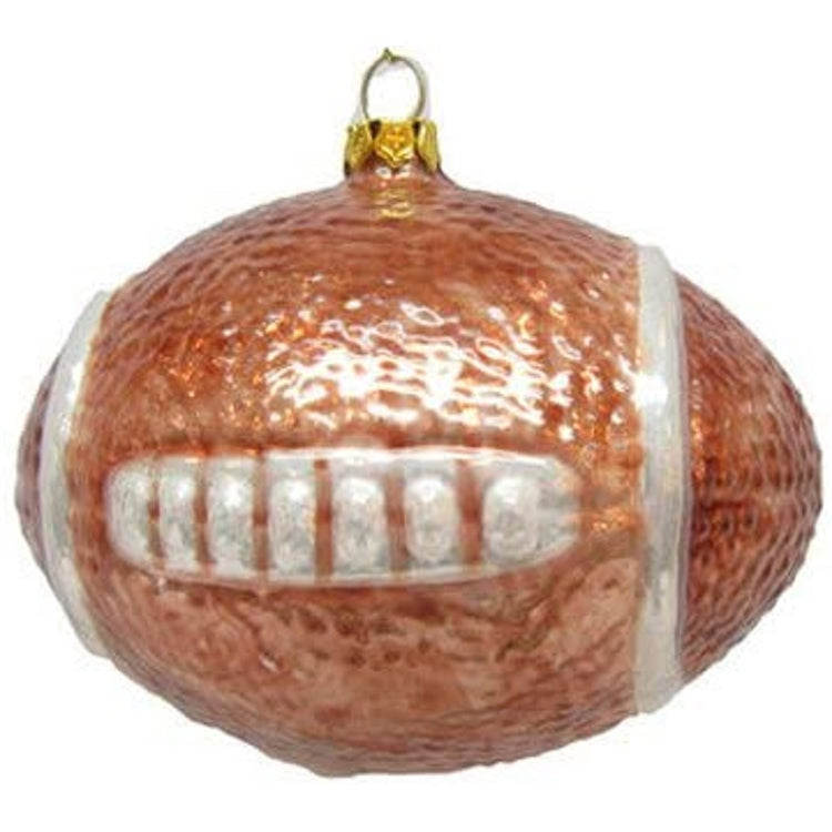 Brown blown glass ornament shaped like a football.