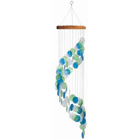 Spiral capiz chime in shades of blue with a wood top.