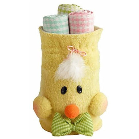 Yellow chick bag with 3 pastel plaid towels inside. 