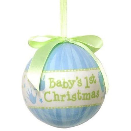 Blue striped ball ornament with a green bow. Says Baby's 1st Christmas in green with blue baby feet.