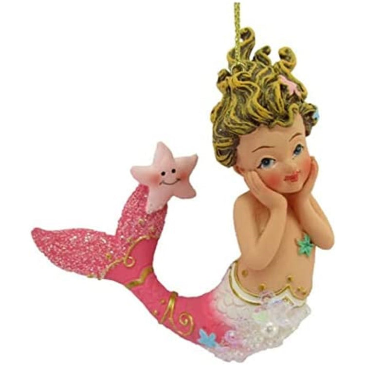 Little mermaid girl with a pink tail & starfish friend.