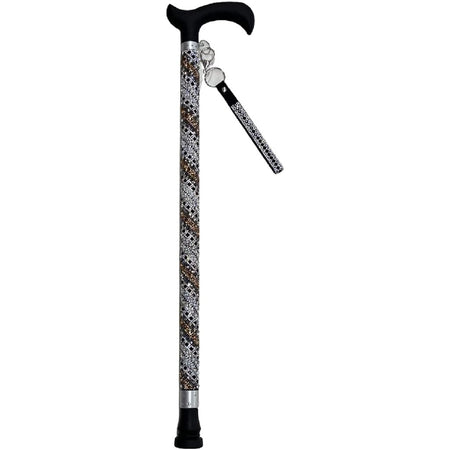 Black handled cane with silver, gold and black rhinestones and matching wrist strap.