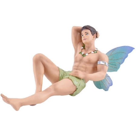 Fairy man with a green loin cloth & blue wings.
