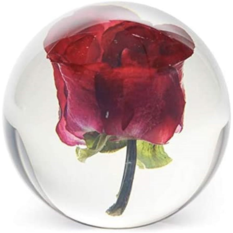 Red rose encased in resin paperweight.