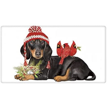 Black & brown Dachshund with 3 red cardinals sitting on its back. 