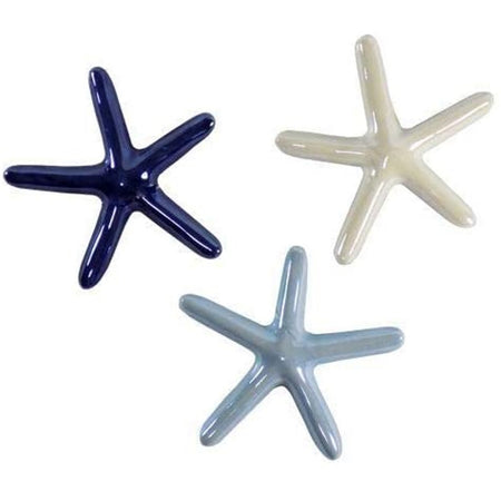 3 ceramic starfish. 1 navy, 1 white & 1 light blue starfish.