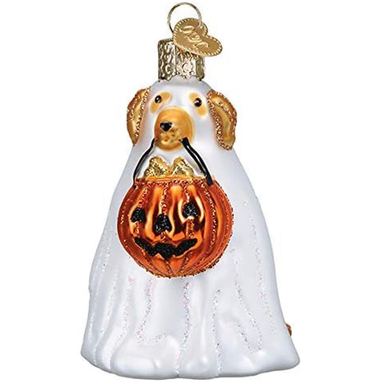 Blown glass ornament of golden retriever wearing a ghost costume and carrying a jack o lantern candy bucket full of dog treats.