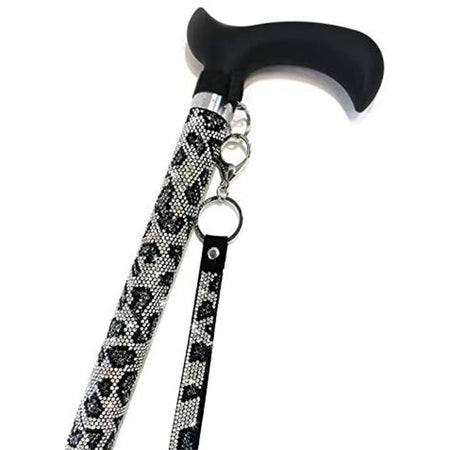 Black cane with silver, grey & black gems in a leopard pattern.