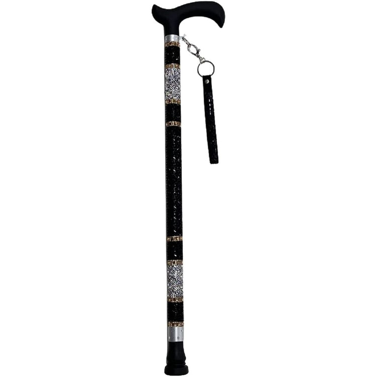 Bedazzled adjustable cane, black handle and bedazzled strap. The cane has black silver and gold gems in a stripe pattern.