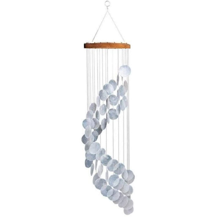 spiral shaped white capiz shell windchime with a round wooden top.
