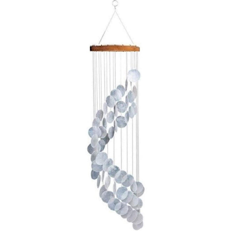 spiral windchime with round what capiz shells and wood top.