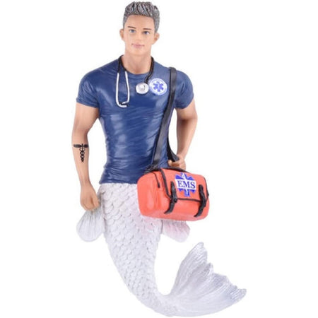 Glitter haired merman with a first responder outfit & a silver tail.