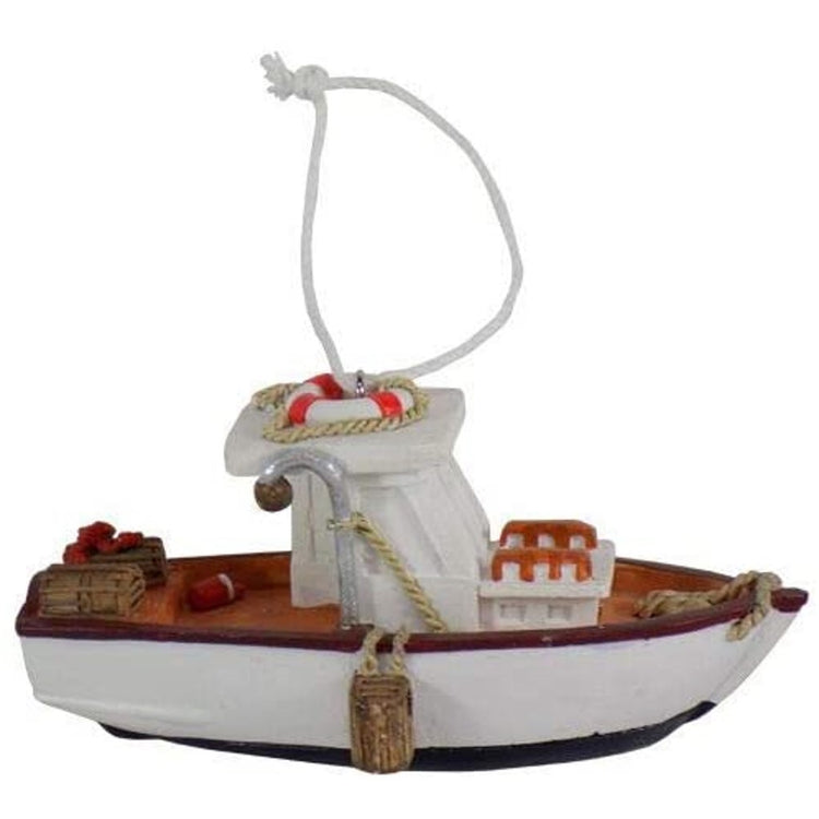 resin lobster boat ornament, boat is white, has life preserver and lobster trap accents.