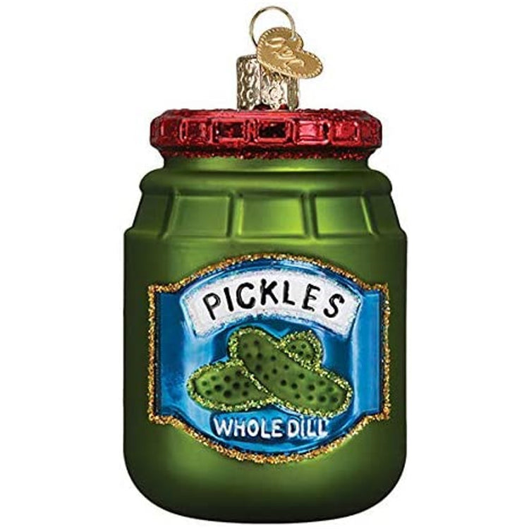 Green jar of pickles with glitter embellishments. 