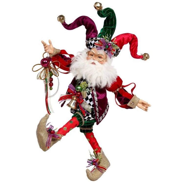 White bearded elf in red, purple, green & harlequin outfit.