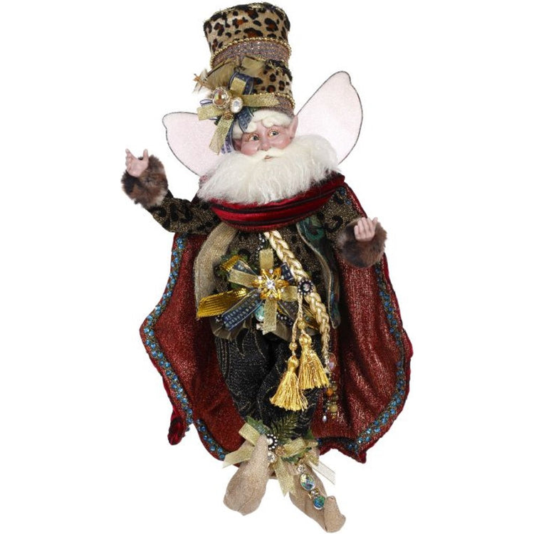 Male fairy dressed in red coat animal print shirt and hat, fabric wings.