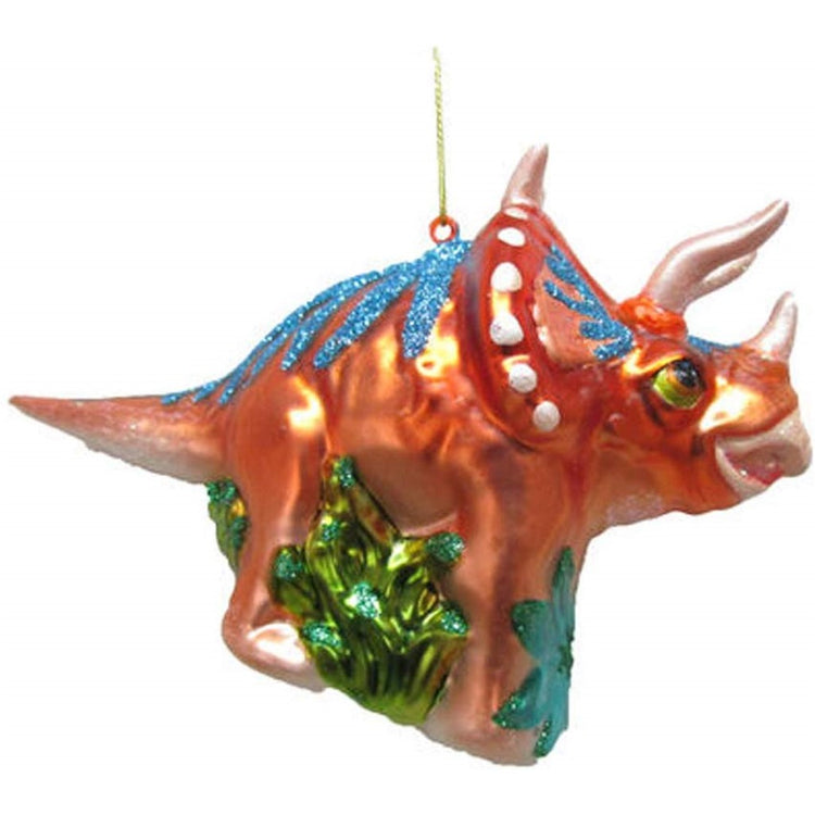 Triceratops shaped figurine ornament. Sades or orange copper and teal green and blue.