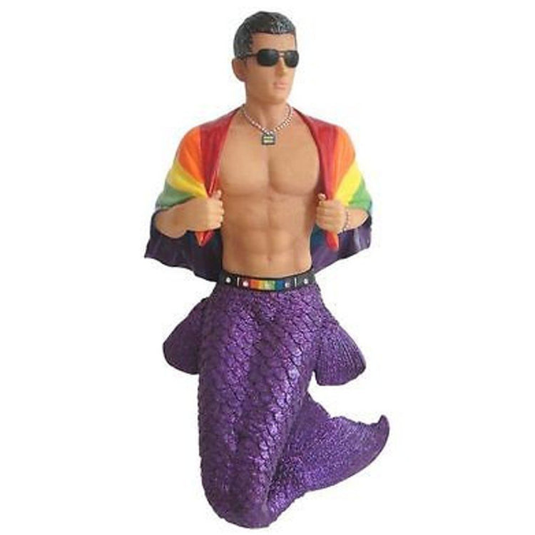 Merman figurine ornament.  Purple tail with rainbow flag draped around his shoulders.