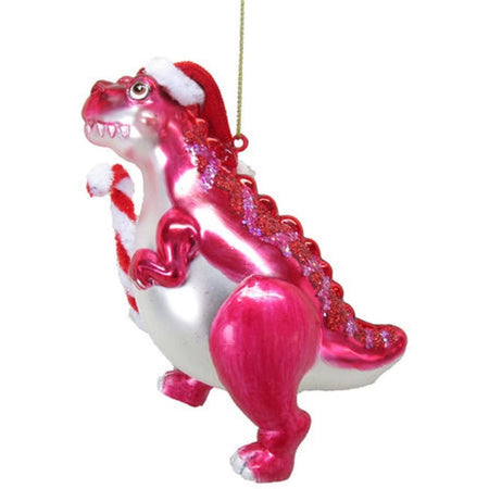 pink dinosaur with a Santa hat & candy cane