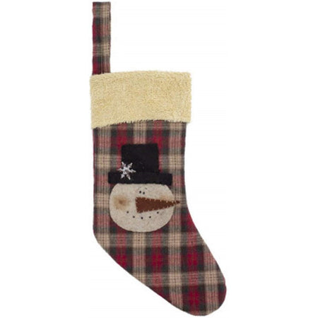Red & green buffalo check stocking with snowman face on it & fluffy heading.