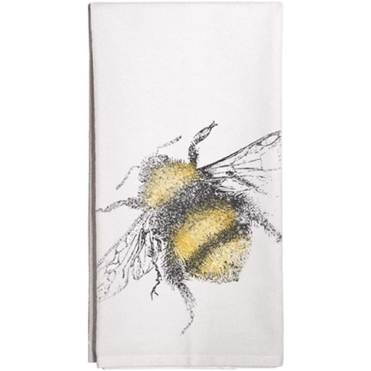 white dish towel with a yellow and black bumble bee.