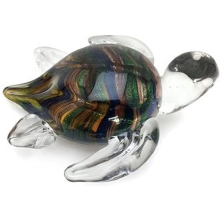 Glass sea turtle with a clear head & fins. Green, brown & gold shell.