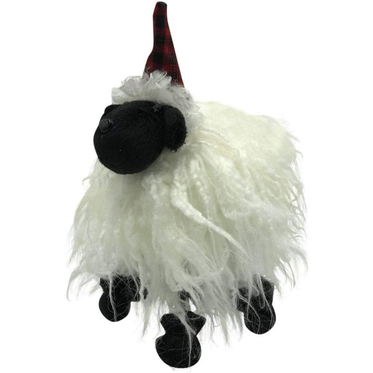 Long haired plush standing decorative sheep wearing a plaid tall hat.