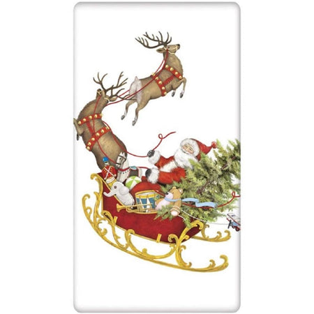 Santa in a sleigh with gifts and a tree.