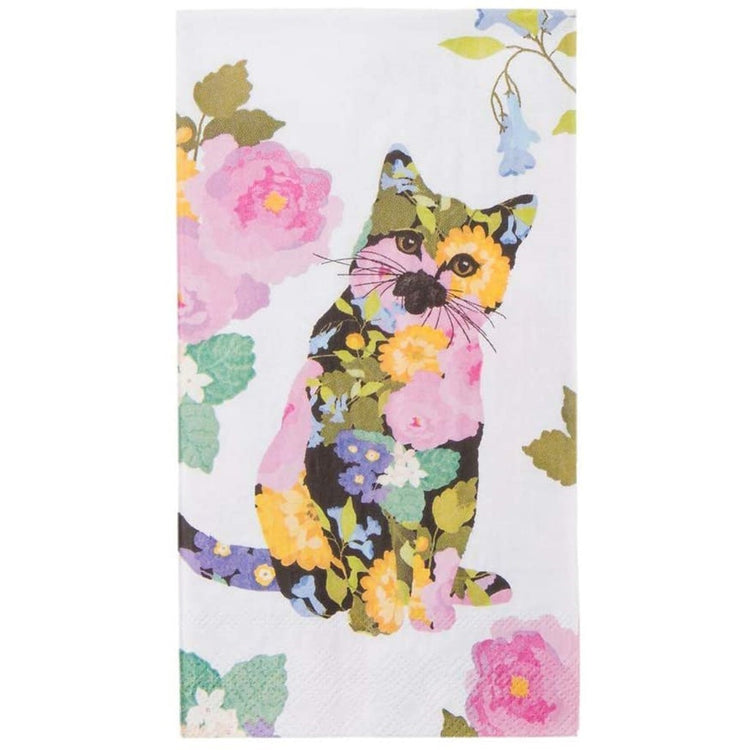 Floral cat with a white background & flowers.