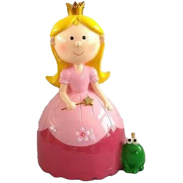 White princess with blonde hair, a wand, a pink gown & a frog.