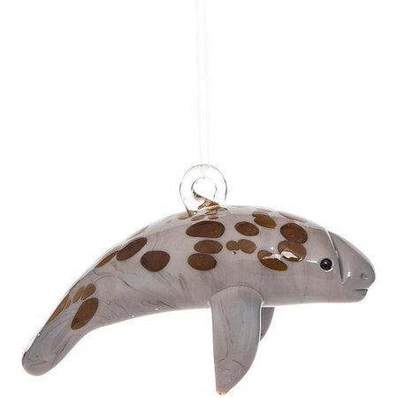 Manatee shaped Christmas ornament with clear hanger.  manatee is shade of grey with brown spots.