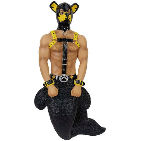 Merman shaped figurine ornament.  Dressed in S&M outfit with pup like face mask, bonded and straps around wrists.
