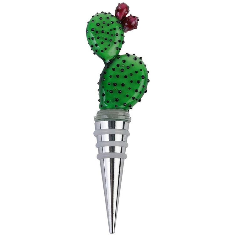 metal wine stopper with blown glass top in the shape of a green cactus, with two pink prickly pears.