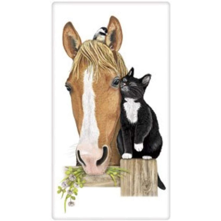 flour sack towel with a brown horse and black cat sitting on a fence.