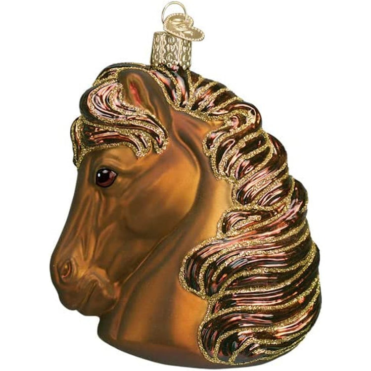Brown horse head ornament embellished with glitter.