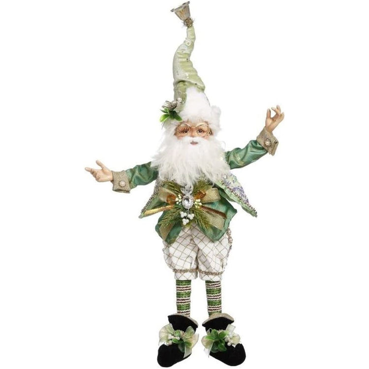 White bearded elf in a green silk hat & coat.