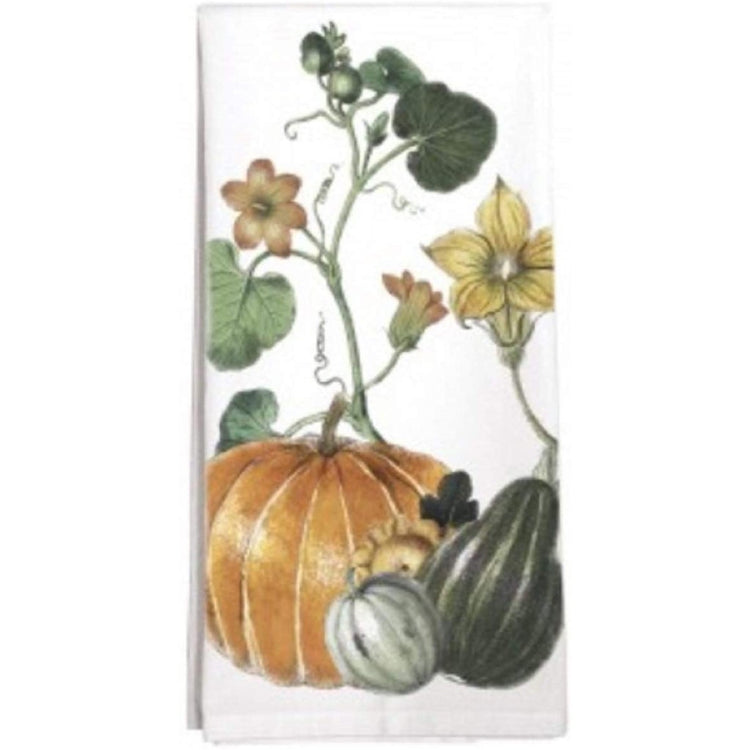 white towel with orange and green pumpkin with vine design and yellow flowers
