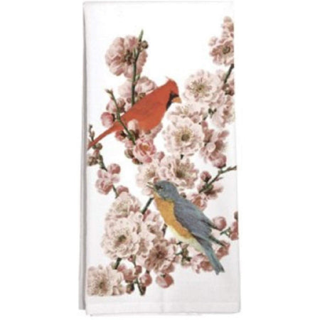A cardinal & a robin are sitting in a cherry blossom tree.