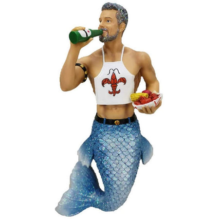 Merman figurine hanging ornament.  Holding a bowl of crawfish, wearing a whtie bib with crawfish print.  Drinking a beer.