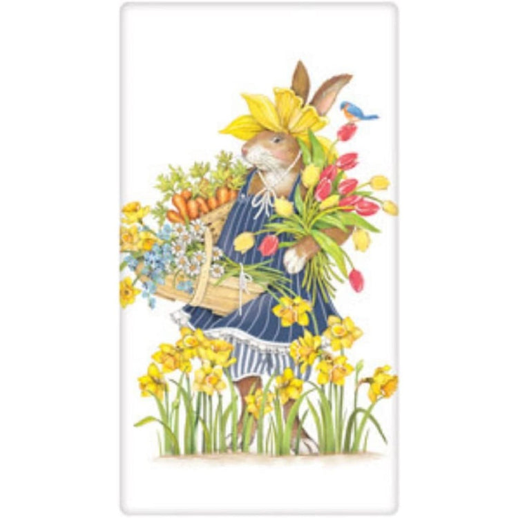 Brown rabbit in a blue striped apron holding daffodils.