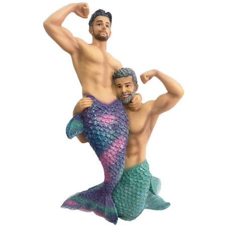 two mermen, one with blue tail, one with purple and pink tail