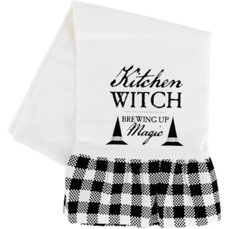 Kitchen witch brewing up magic towel with a ruffle.