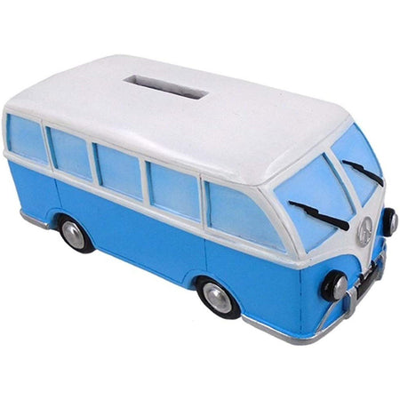 Blue Volkswagen style van with a white roof and a coin slot on it.